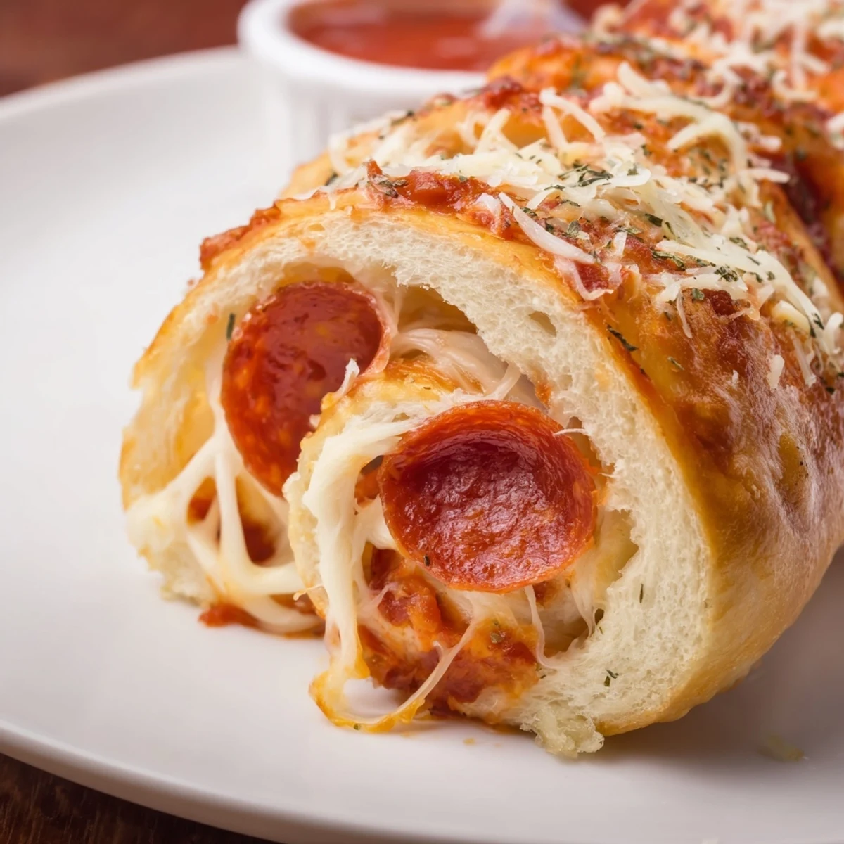 Crowd pleasing Pepperoni Pizza Roll Breadsticks Recipe served steaming with marinara