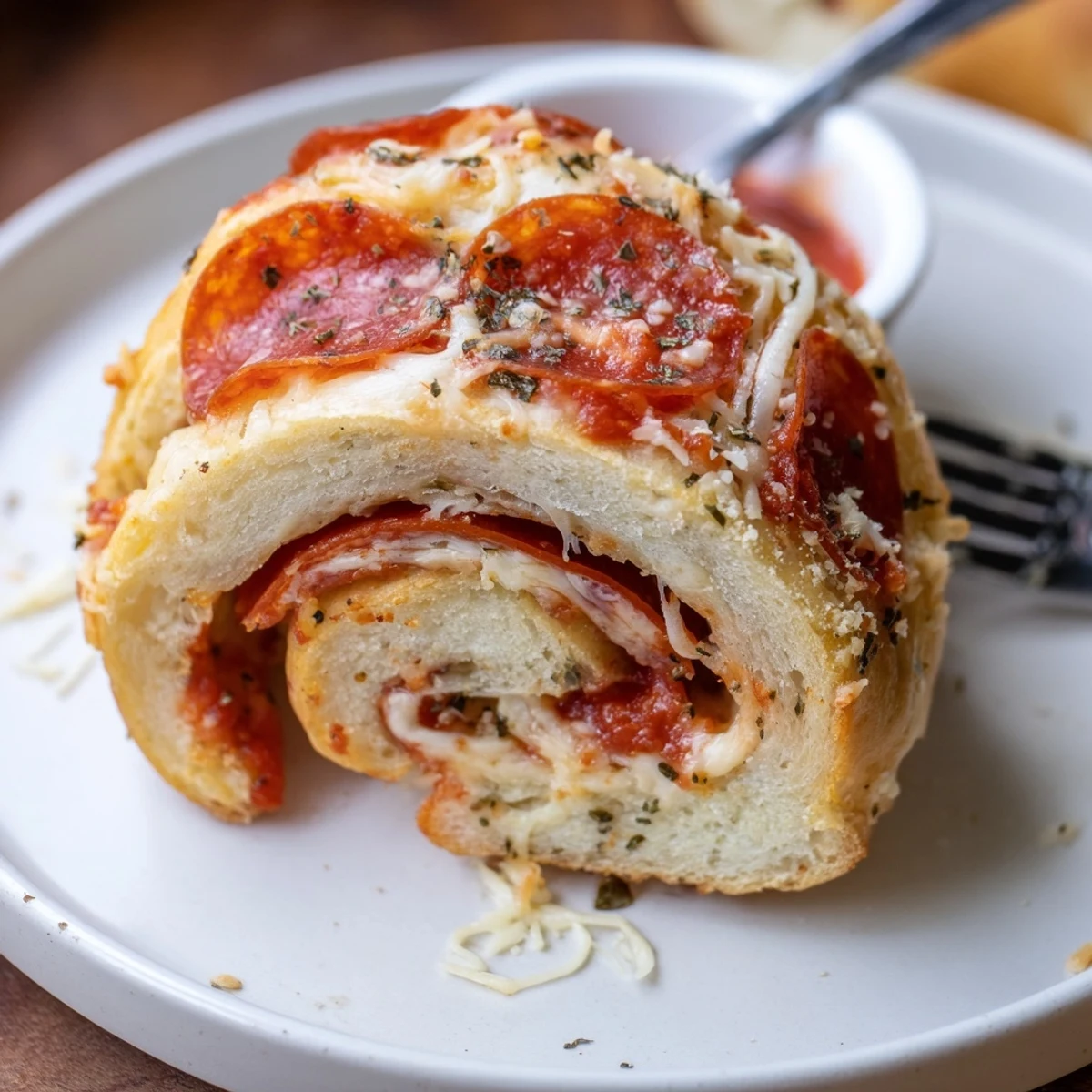 Golden crusted Pepperoni Pizza Roll Breadsticks Recipe sliced to reveal melty cheese swirls