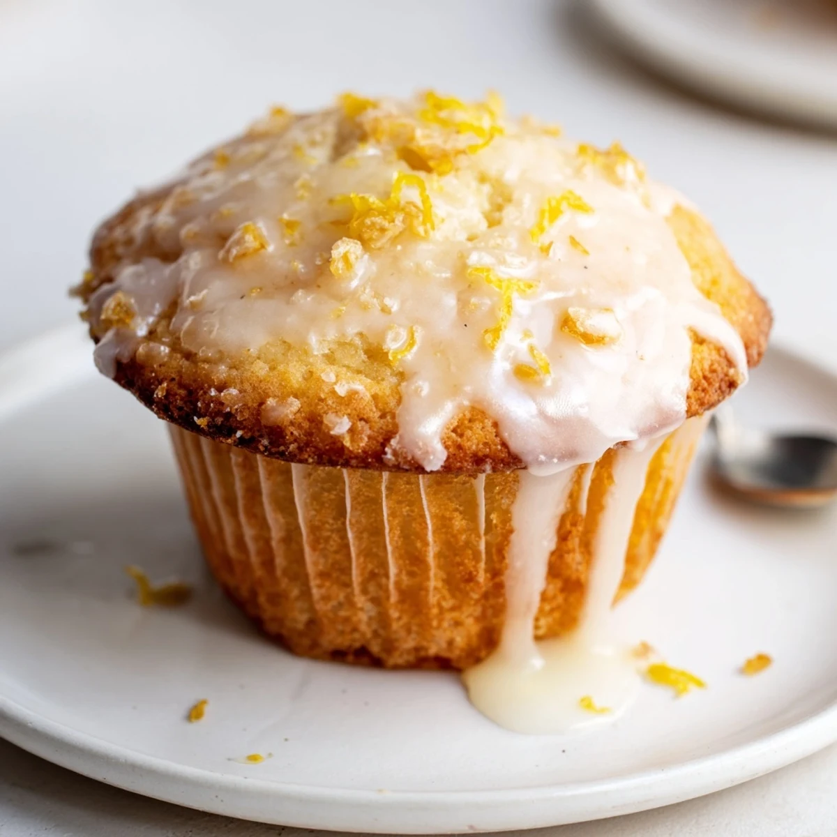 Glazed Lemon Ginger Muffins with glossy lemon glaze, warm from the oven