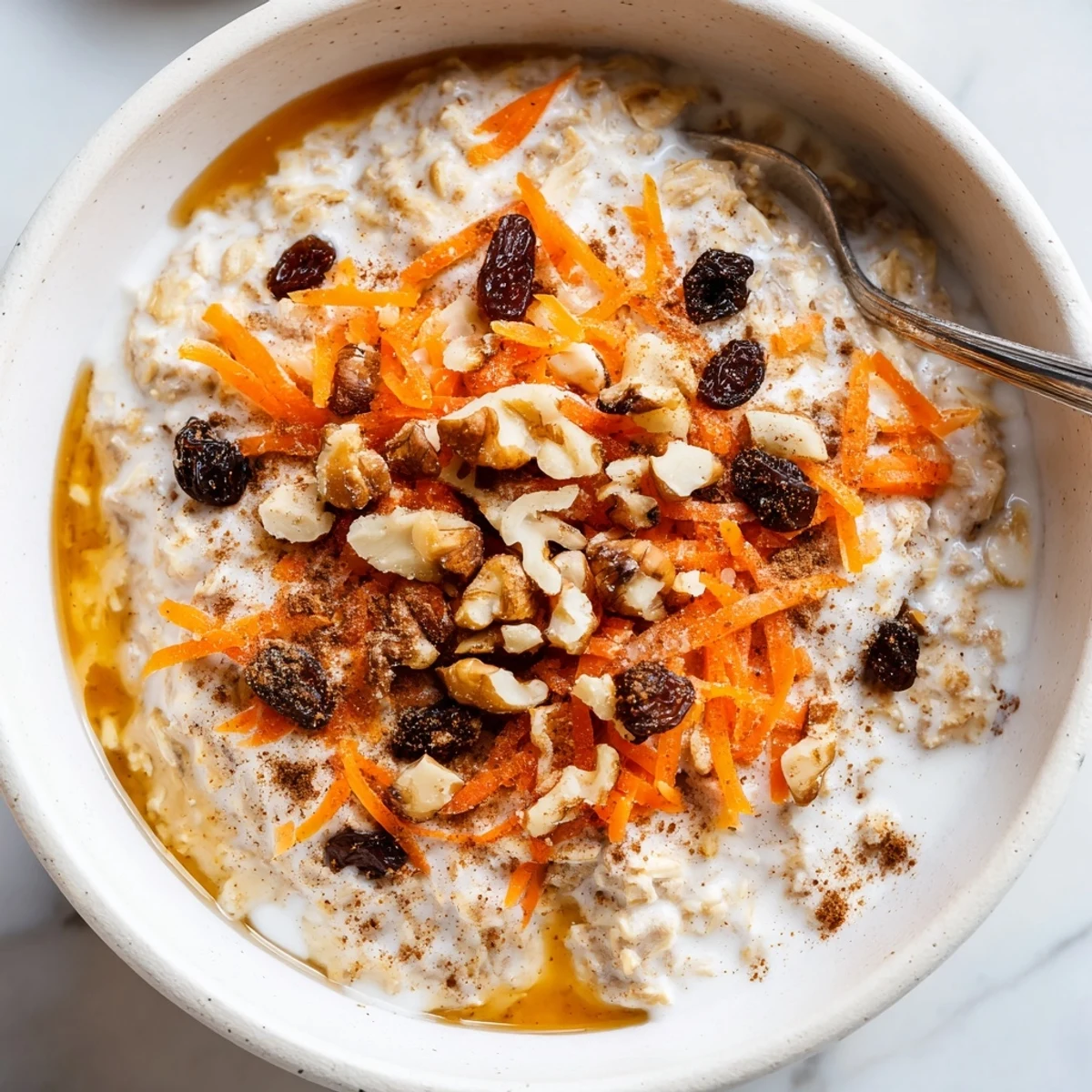 Chilled Carrot Cake Overnight Oats with grated carrot, maple drizzle, raisins and spice.