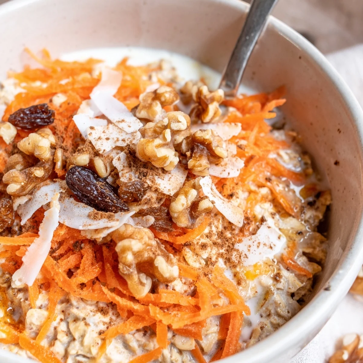 Hearty Carrot Cake Overnight Oats served for breakfast, creamy yogurt base, crunchy pecans.