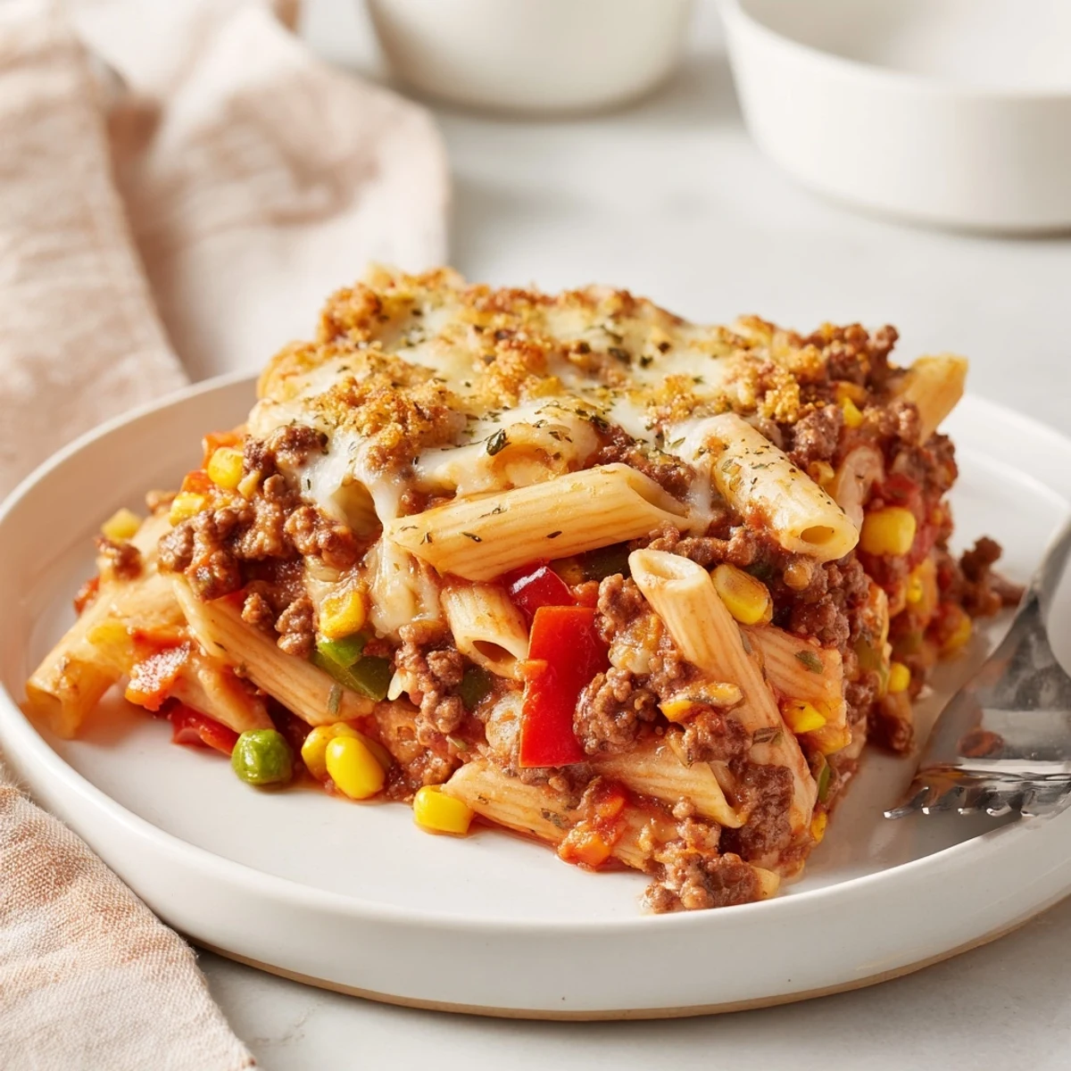 Sliced Hearty Cheesy Baked Casserole revealing savory meat, tender pasta, melted cheese