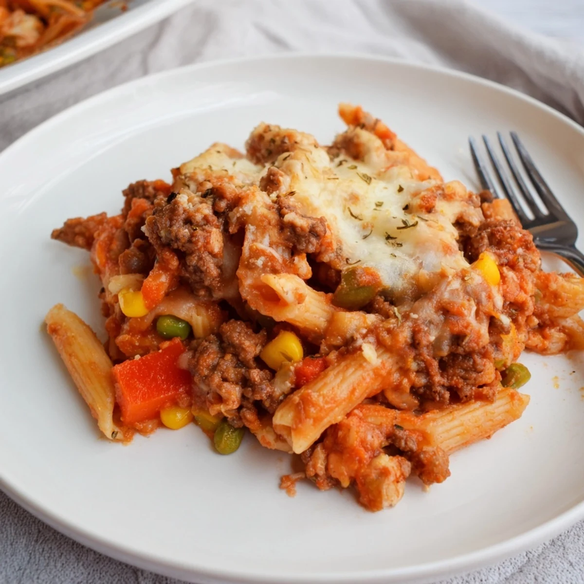 Plate of Hearty Cheesy Baked Casserole paired with crusty bread and salad