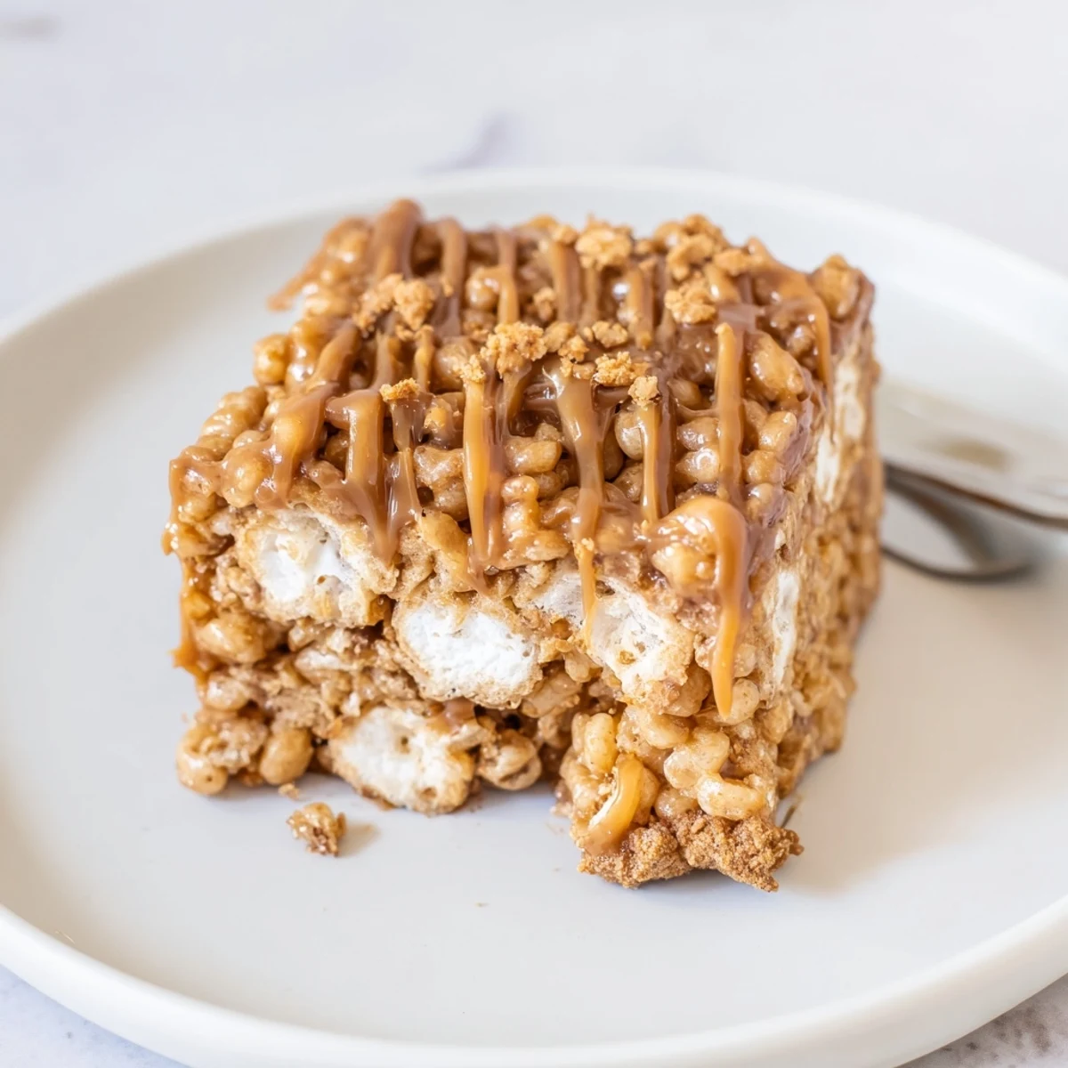 Biscoff Rice Krispie Treats warm glossy drizzle, chewy marshmallow texture, coffee ready.