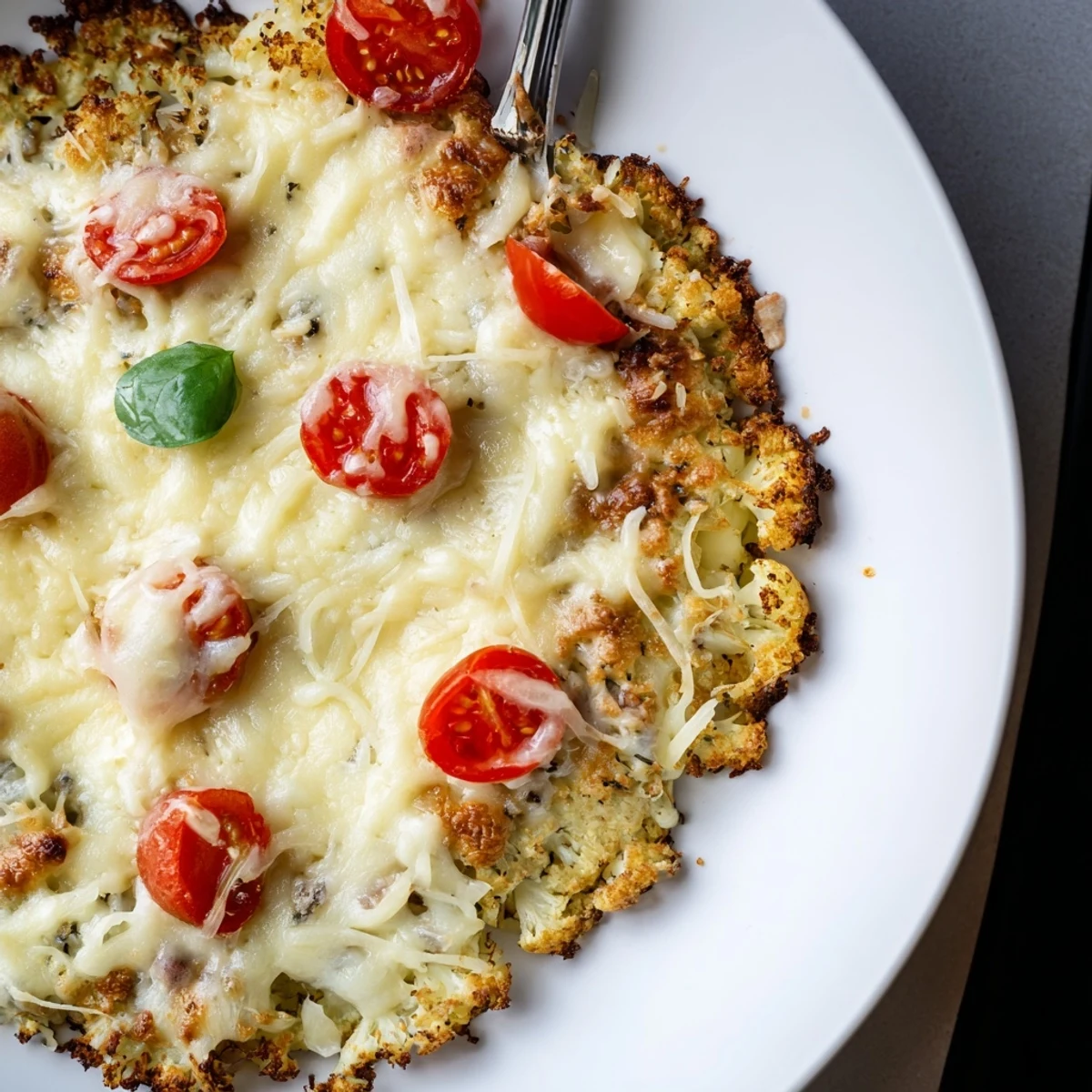 Stone Baked Cheesy Cauliflower Keto Pizza with bubbling mozzarella and golden crust