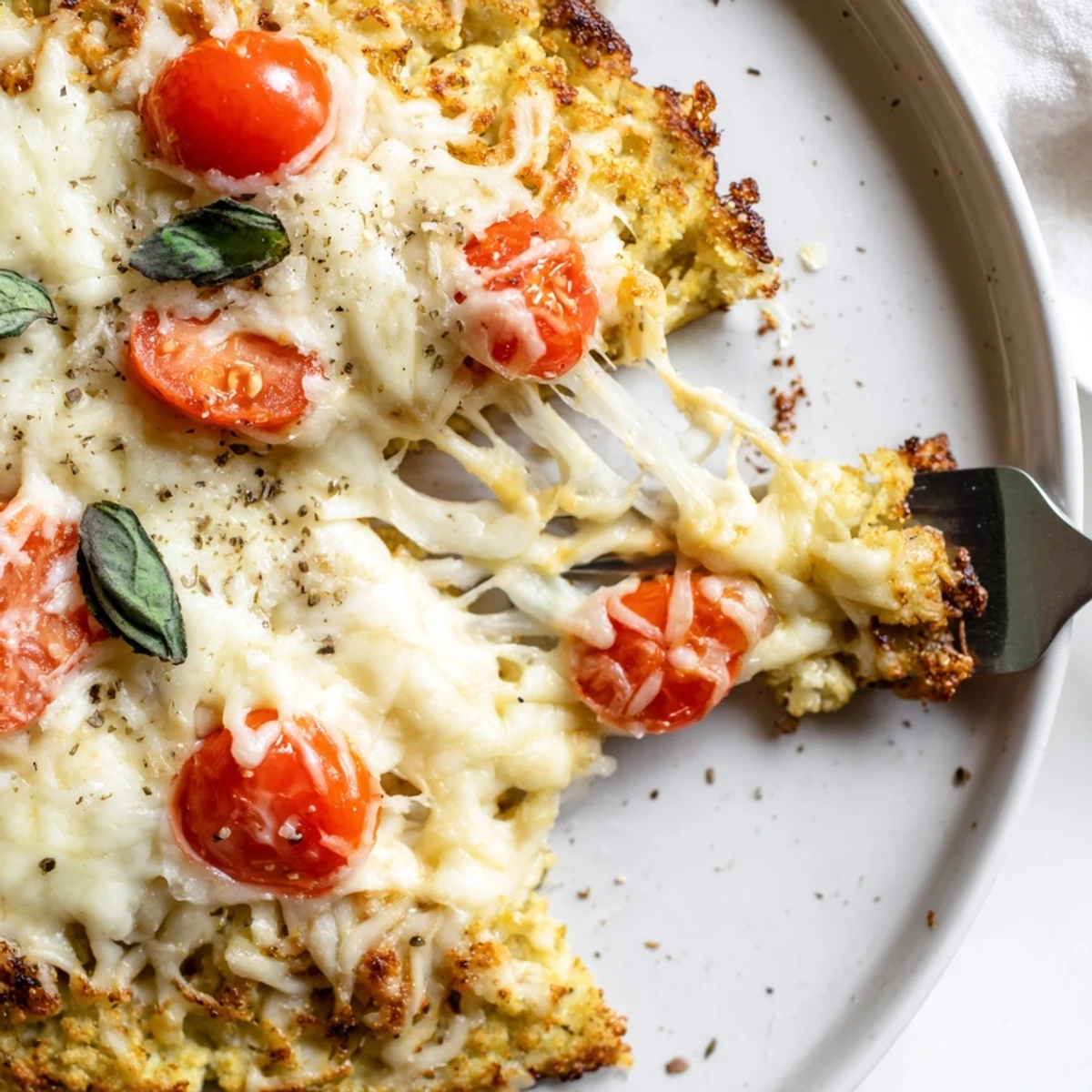 Warm, freshly sliced Stone Baked Cheesy Cauliflower Keto Pizza on a peel