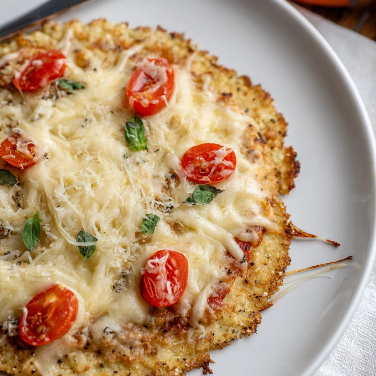 Crispy, low-carb crust and gooey cheese on Stone Baked Cheesy Cauliflower Keto Pizza