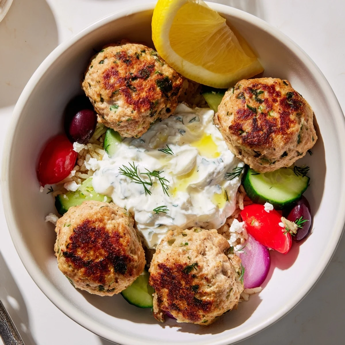 Turkey Mediterranean Meatballs Bowl with golden baked juicy meatballs and tangy yogurt  
