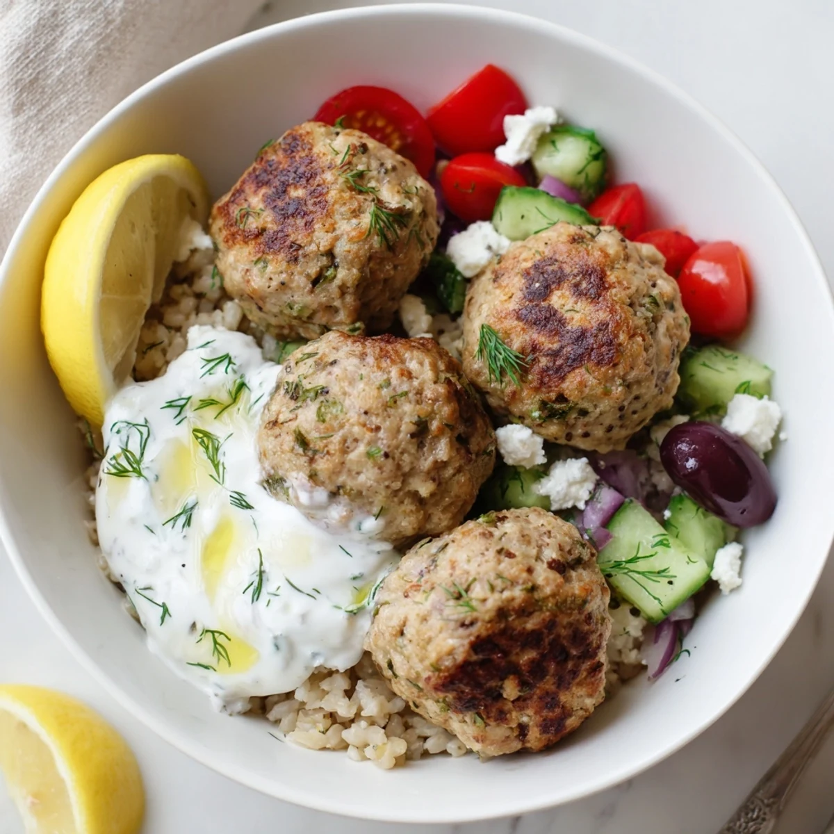 Serve warm Turkey Mediterranean Meatballs Bowl with lemon wedges, aromatic garlic herbs