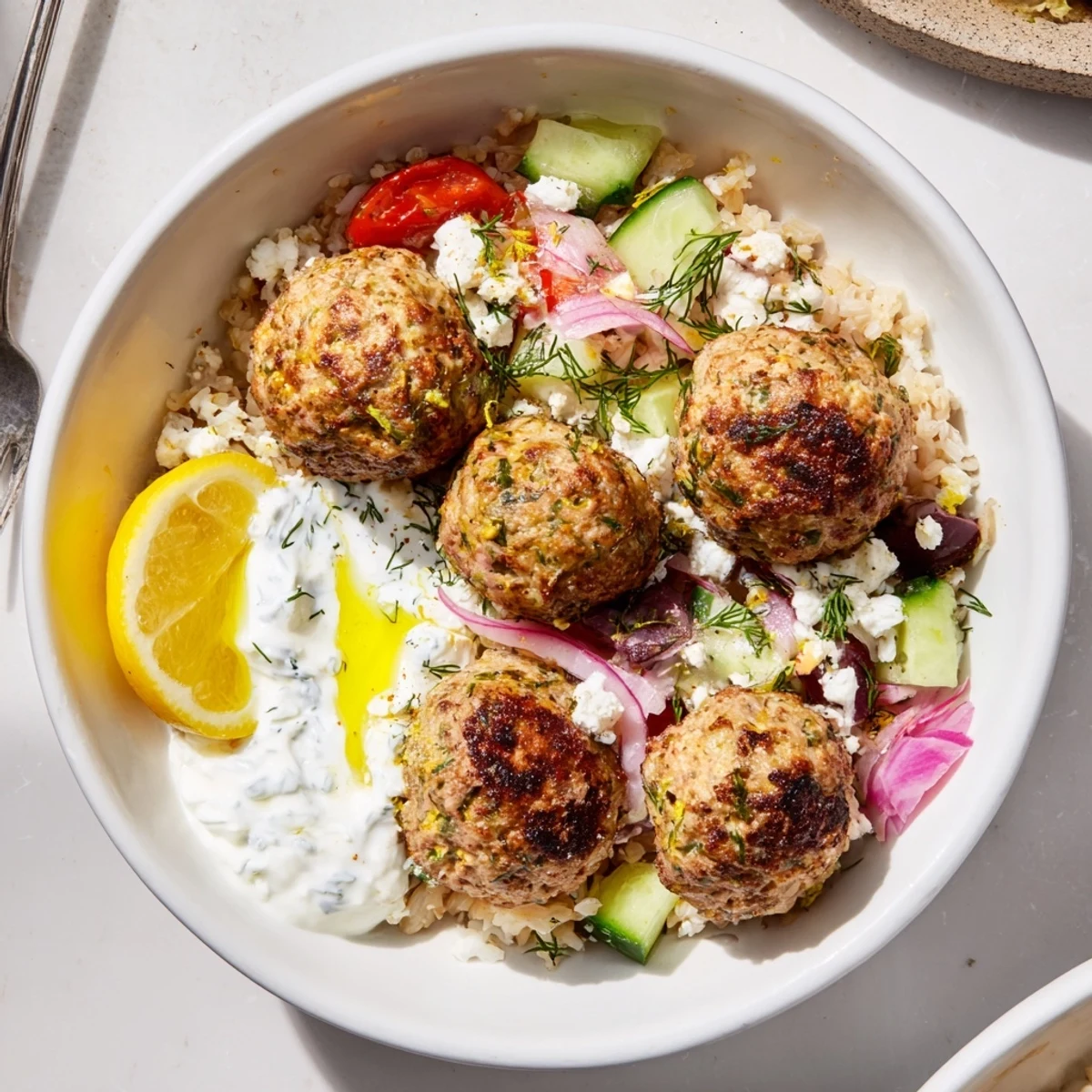 Quinoa and greens crowned by a Turkey Mediterranean Meatballs Bowl, olives glistening  