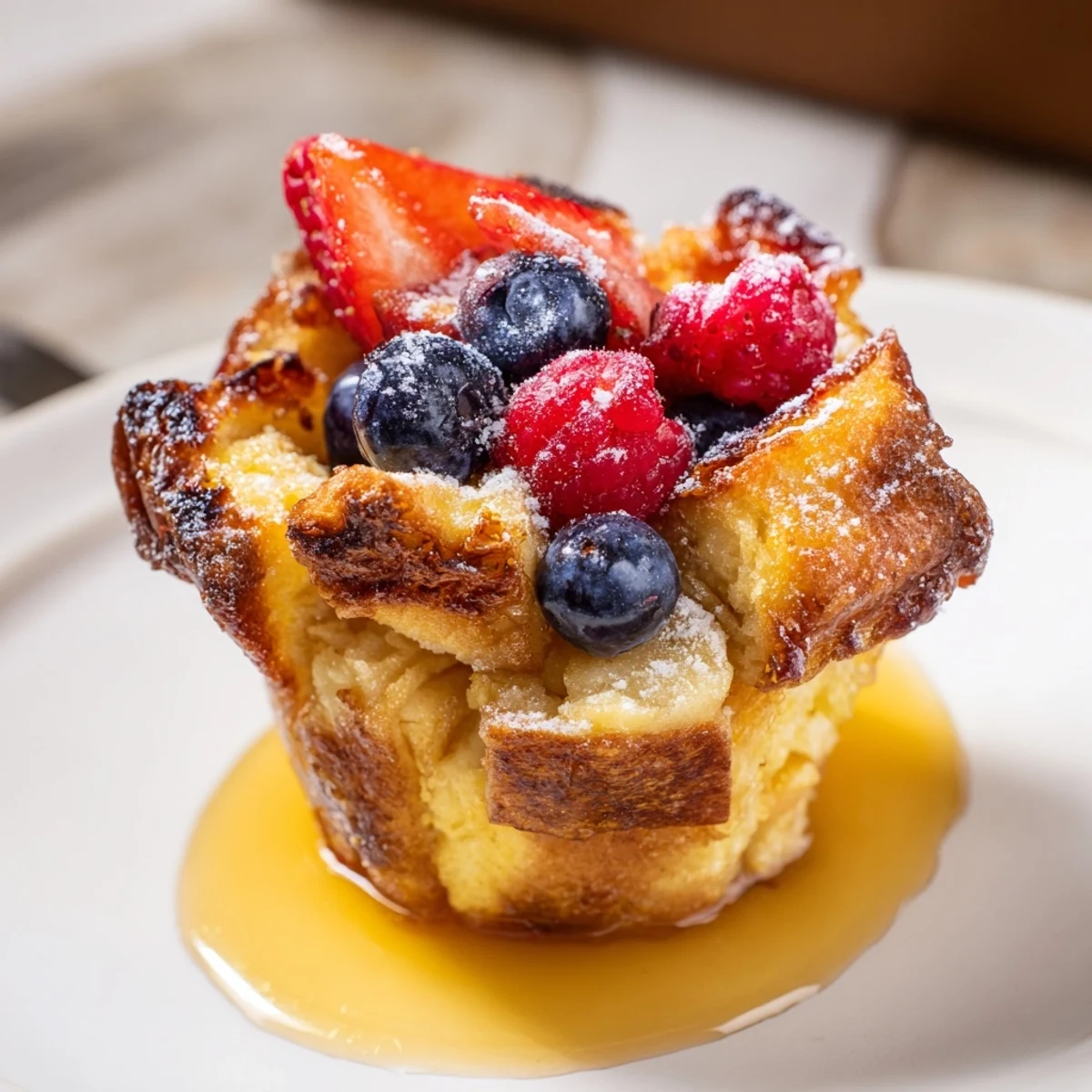 Baked French Toast Cups, golden and crisp, served warm with maple syrup