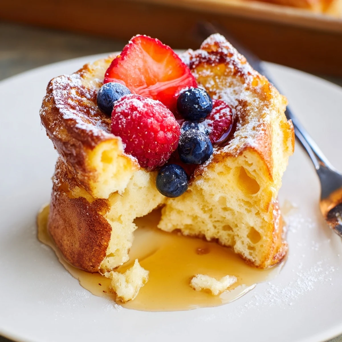 Individual Baked French Toast Cups bursting with berries, powdered sugar dusting