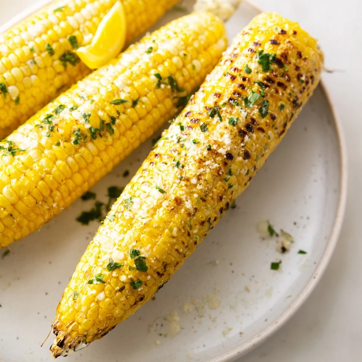 Grilled Garlic Parmesan Corn On The Cob, buttery, slightly charred, sprinkled with cheese.