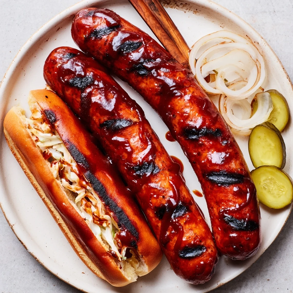 Grilled, juicy BBQ Sausage Recipe served in buns with tangy coleslaw