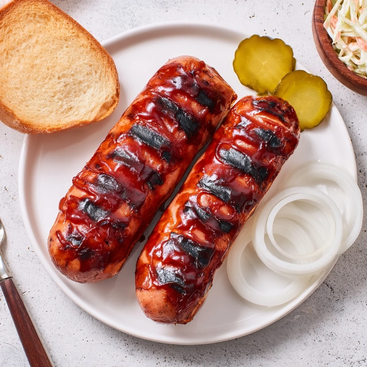 BBQ Sausage Recipe with sticky caramelized glaze, smoky grill marks, steaming