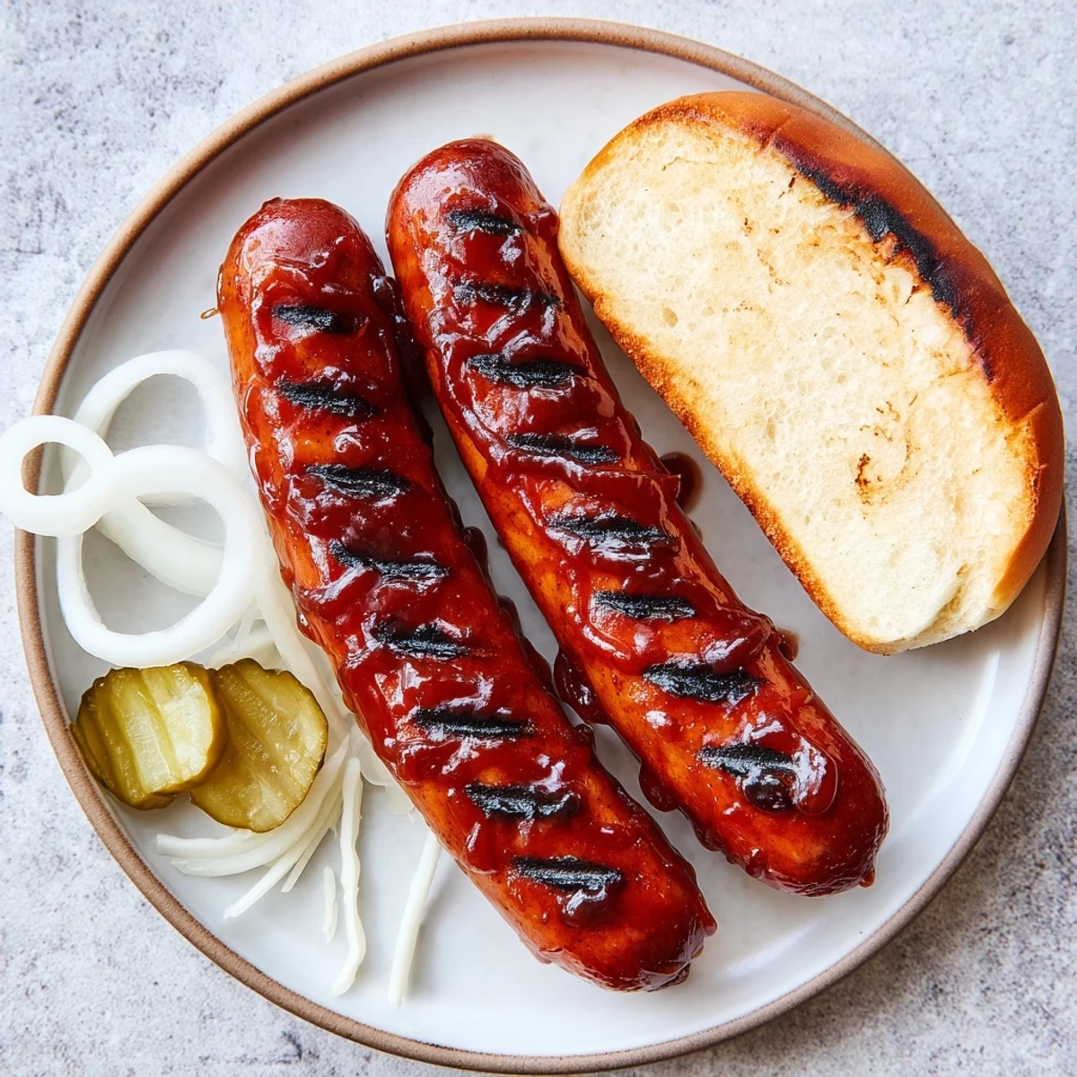 Backyard platter of BBQ Sausage Recipe brushed with molasses glaze, charred