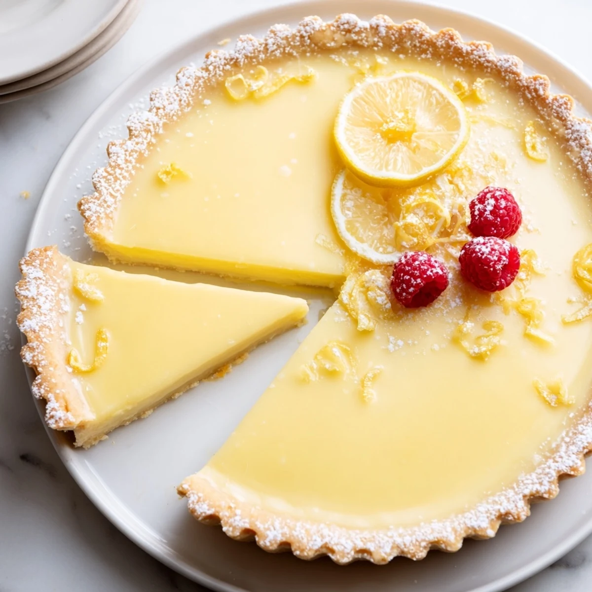 Creamy Lemon Tart Recipe on a fluted tin, powdered sugar dusting
