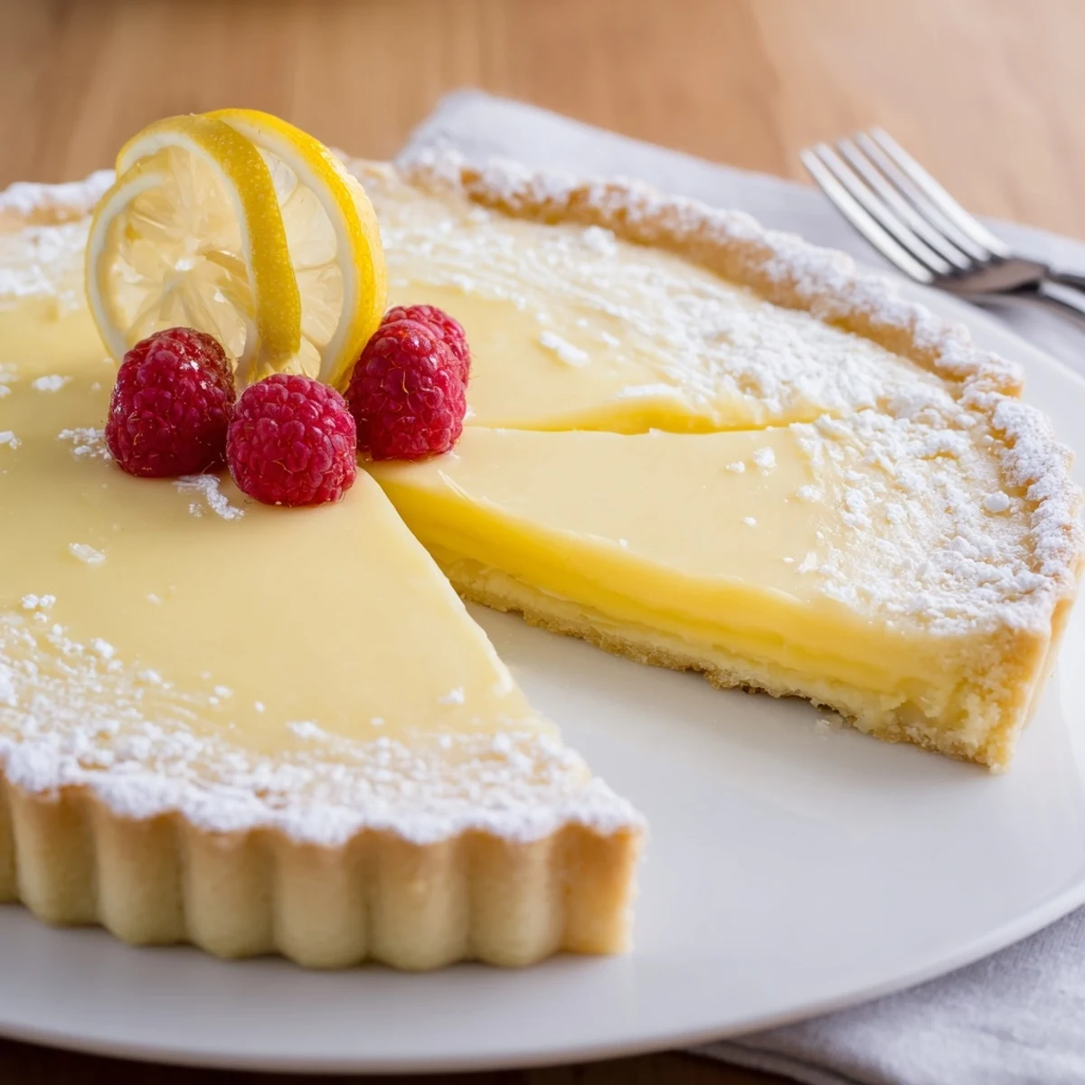 Freshly chilled Creamy Lemon Tart Recipe sliced, silky filling gleaming