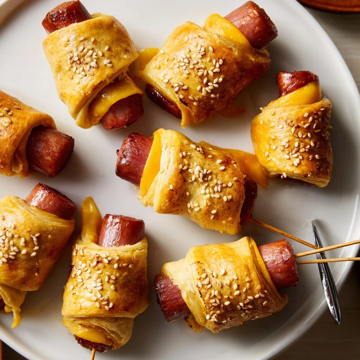 Warm Firecracker Hot Dogs Recipe skewered like party poppers, sesame-speckled, inviting