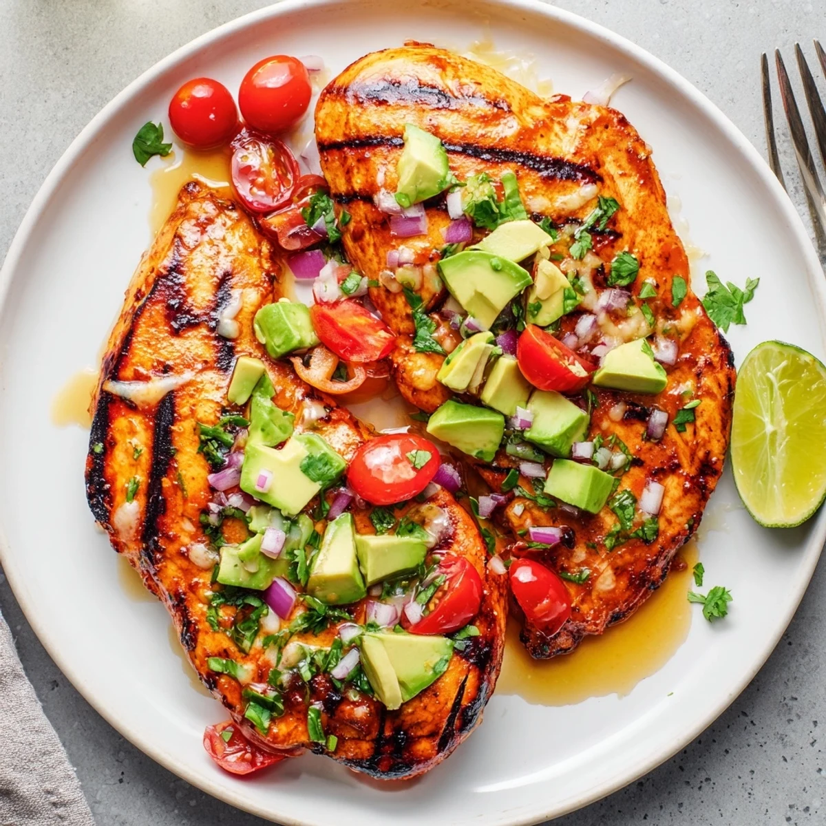 Grilled Fiesta Lime Chicken With Avocado topped with chunky tomato-cilantro salsa