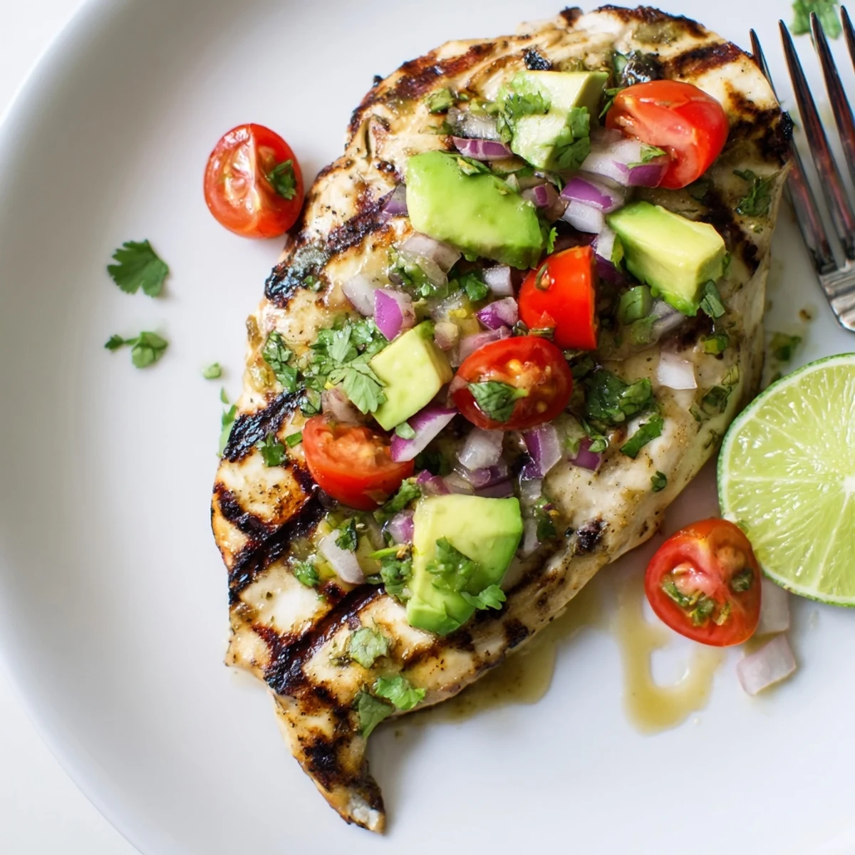 Sliced Fiesta Lime Chicken With Avocado glistening with lime juice on plate