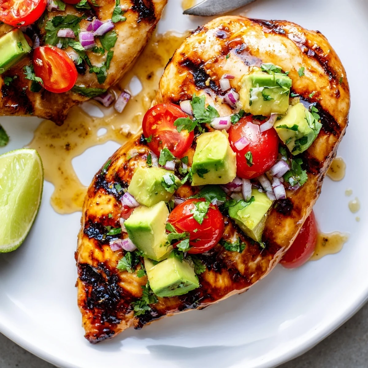 Charred Fiesta Lime Chicken With Avocado served with cilantro, lime wedges, warm tortillas