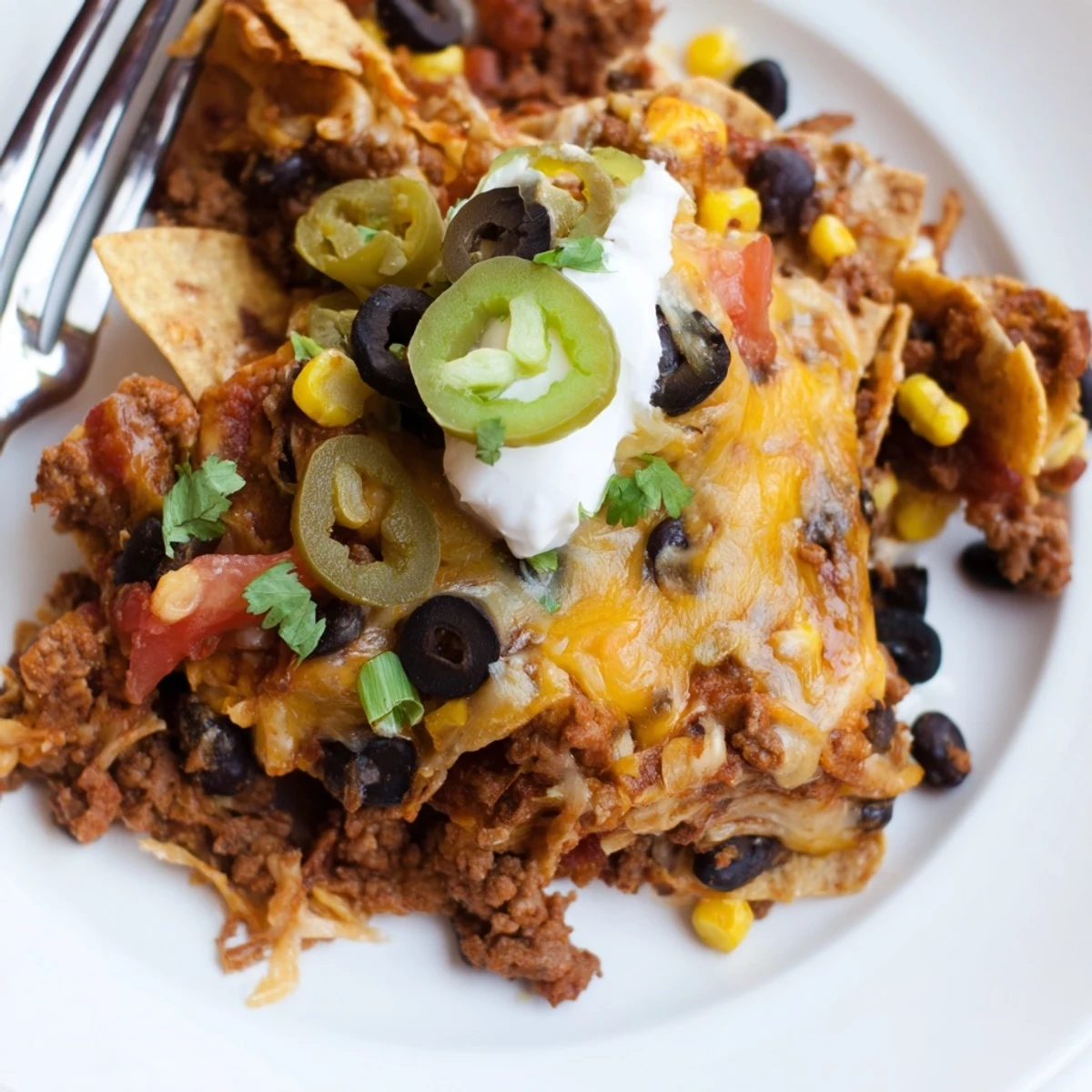 Warm Cheesy Nacho Casserole topped with sour cream, cilantro, and sliced jalapeños