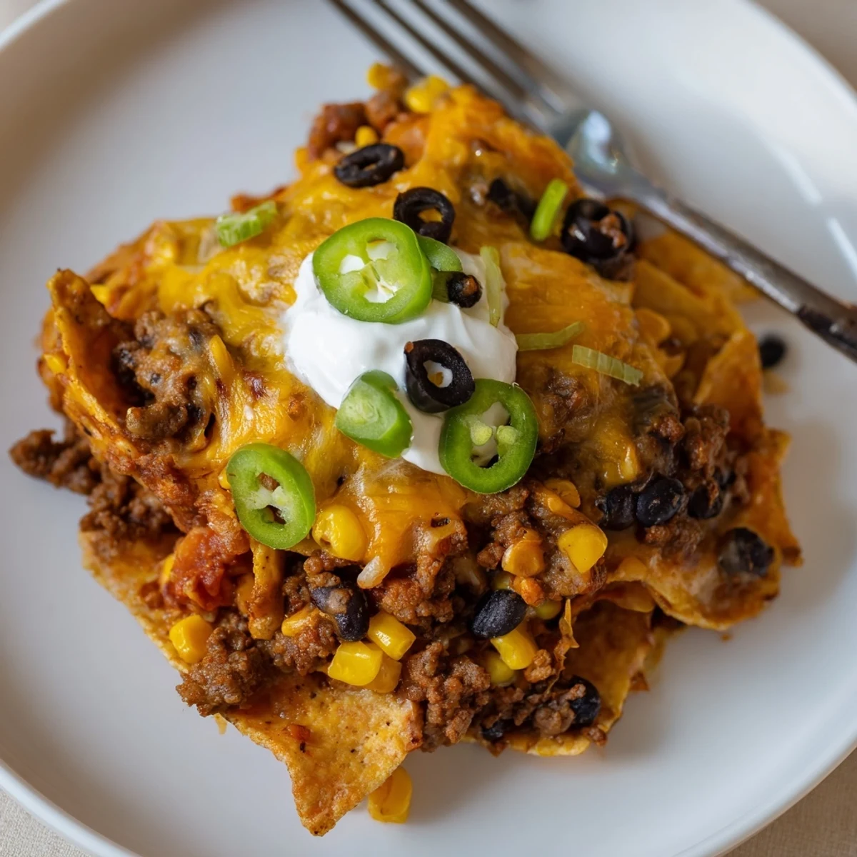 Slice of Cheesy Nacho Casserole showing seasoned beef, gooey cheese, crisp chips