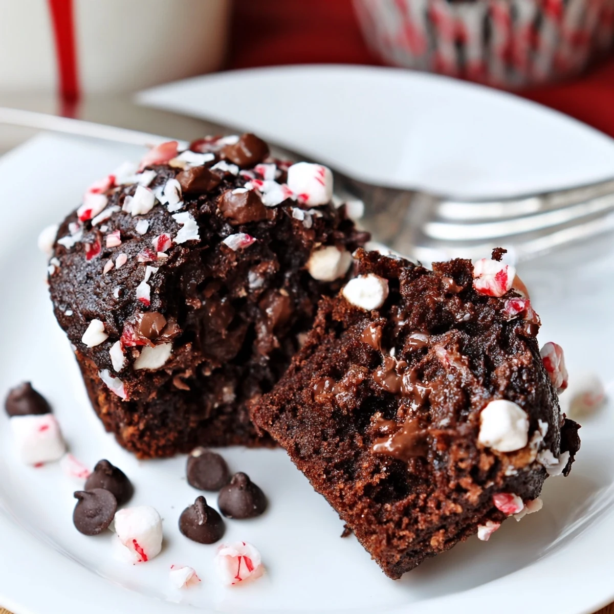 Warm Peppermint Hot Chocolate Muffins topped with melted chips and crushed peppermint.
