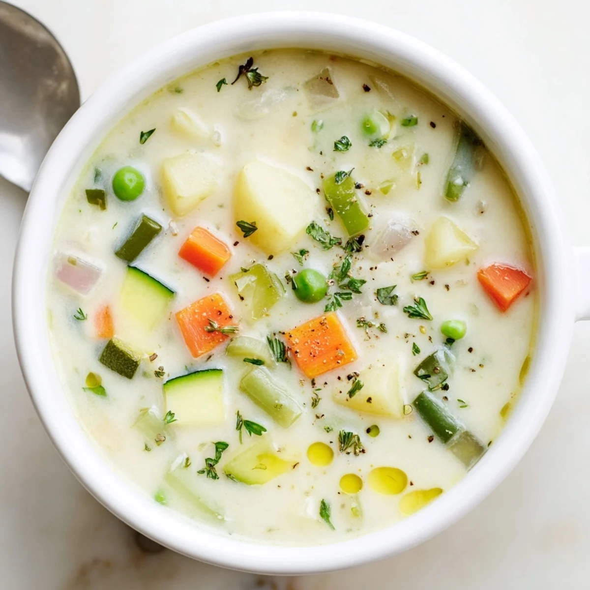 Warm Creamy Vegetable Soup Recipe ladled over crusty bread, rustic kitchen setting