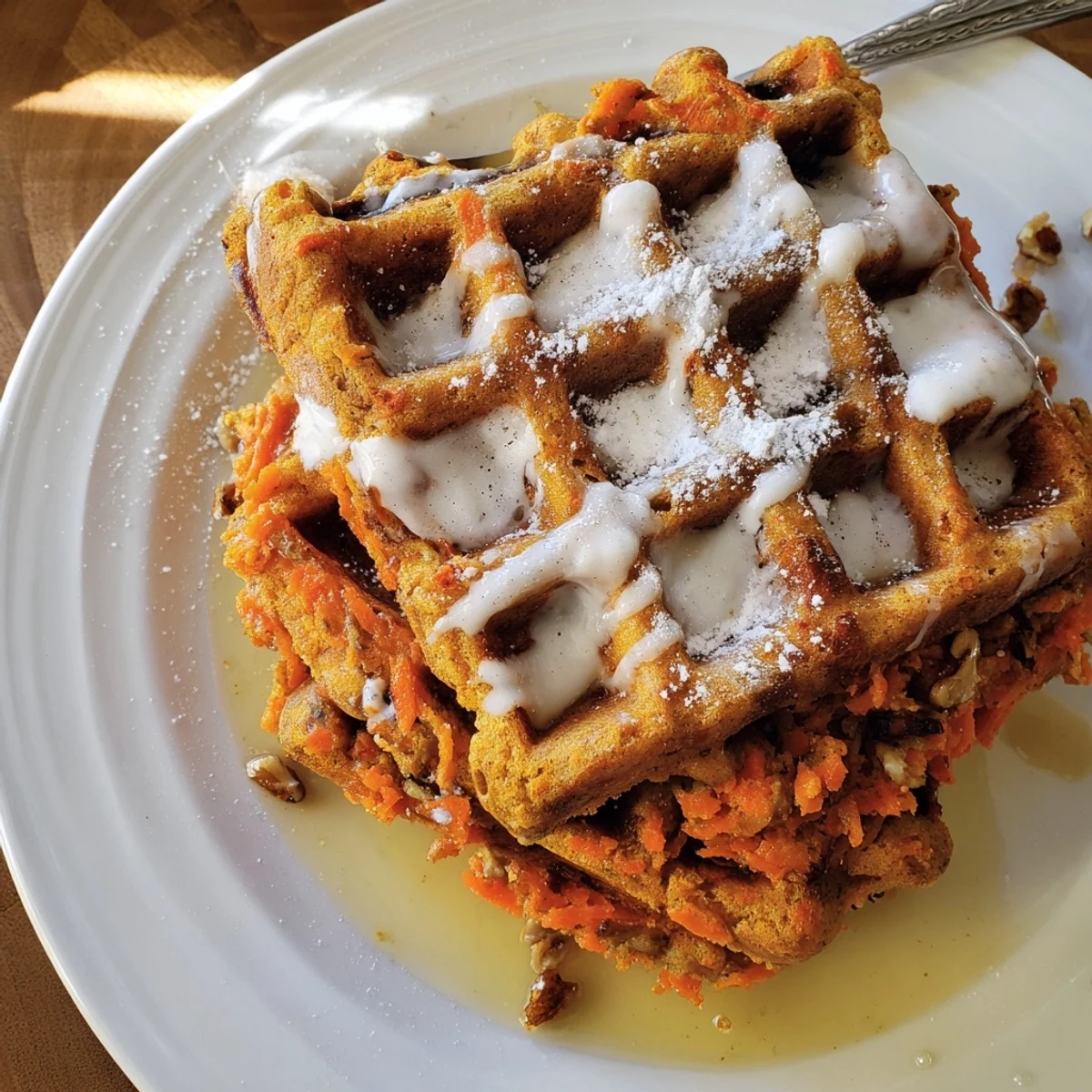Carrot Cake Waffles steaming on plate, golden edges, cinnamon aroma rising