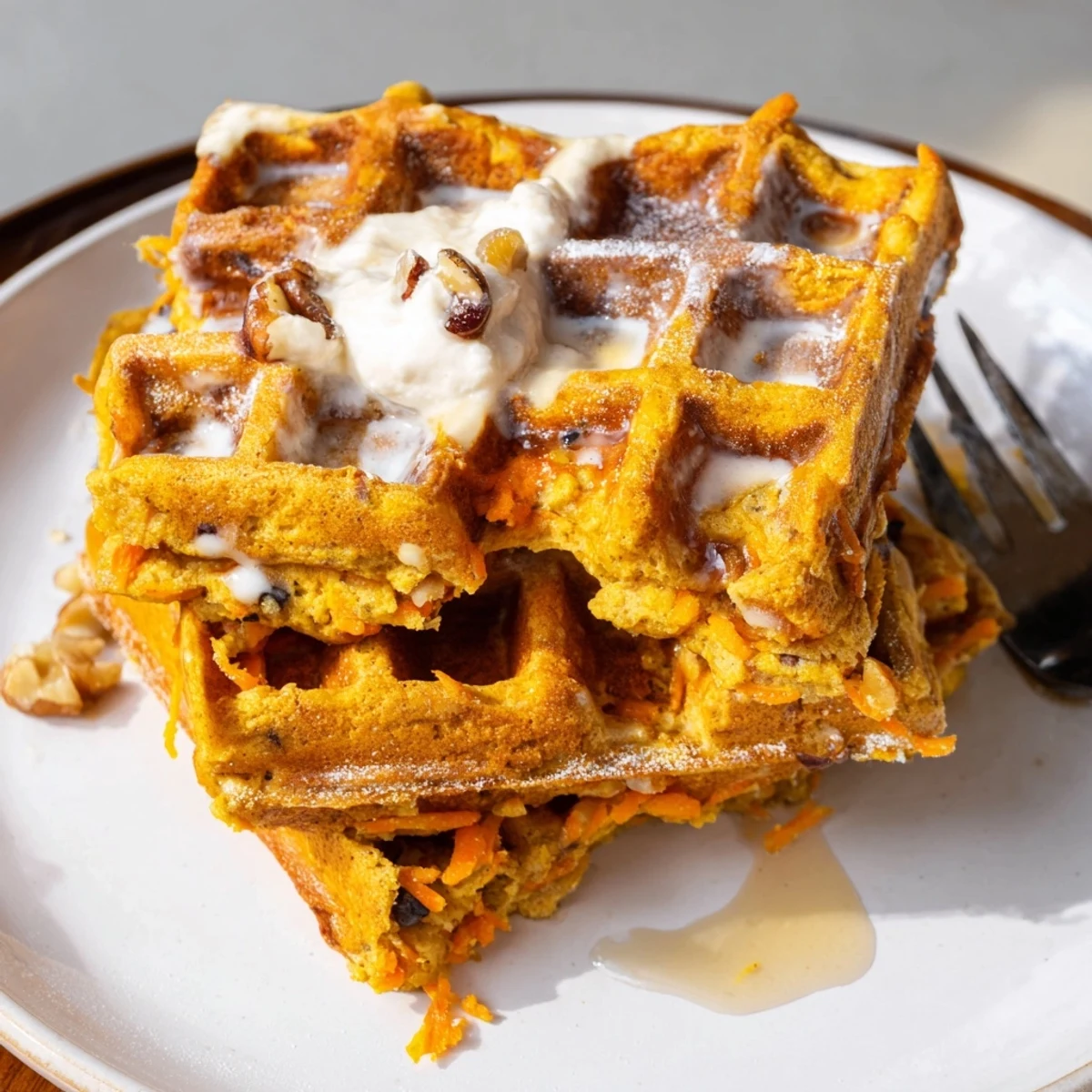 Stack of Carrot Cake Waffles drizzled with cream cheese glaze and maple syrup