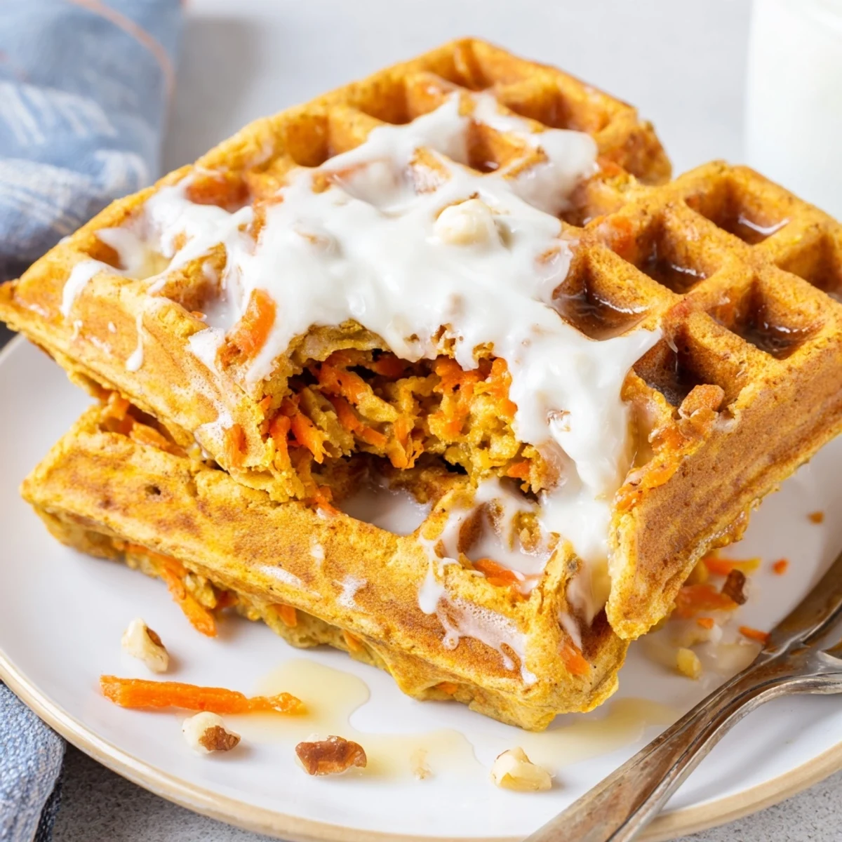 Freshly made Carrot Cake Waffles speckled with grated carrots, crunchy pecan bites