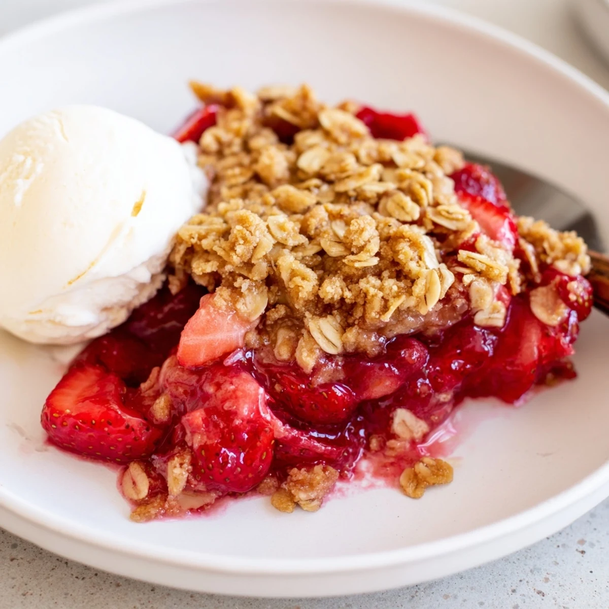Fresh Strawberry Crisp Recipe bubbling in a golden oat topping, warm and fragrant