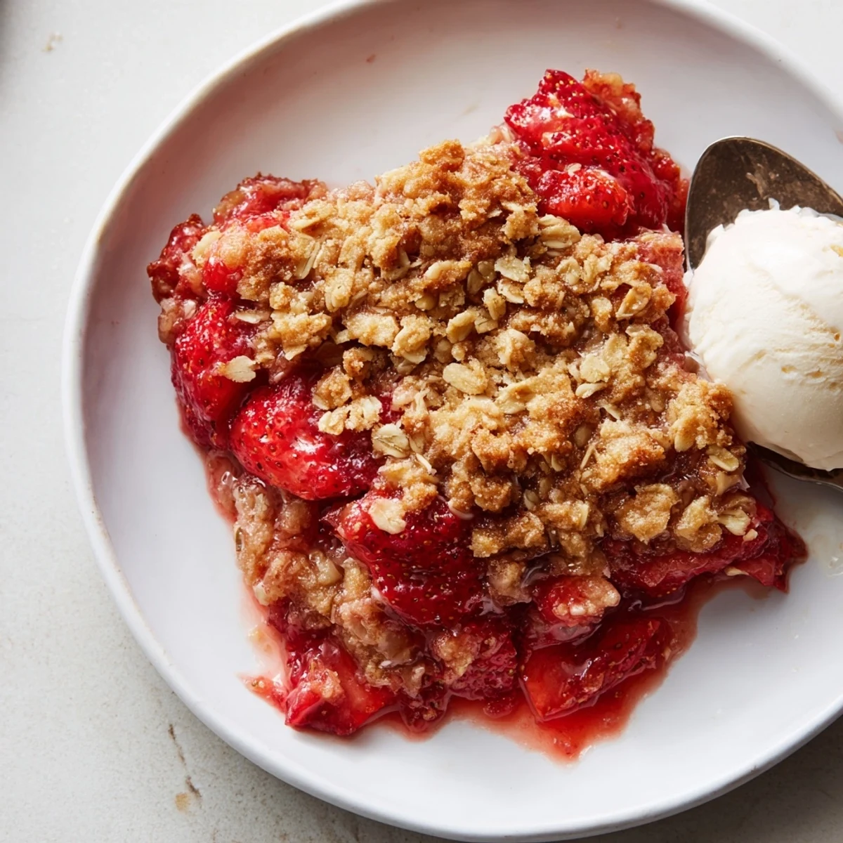 Serving suggestion: Fresh Strawberry Crisp Recipe with melting vanilla ice cream, steam rising