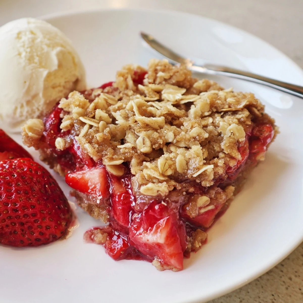 Summer picnic favorite Fresh Strawberry Crisp Recipe, tart-sweet berries under crunchy buttery crumble