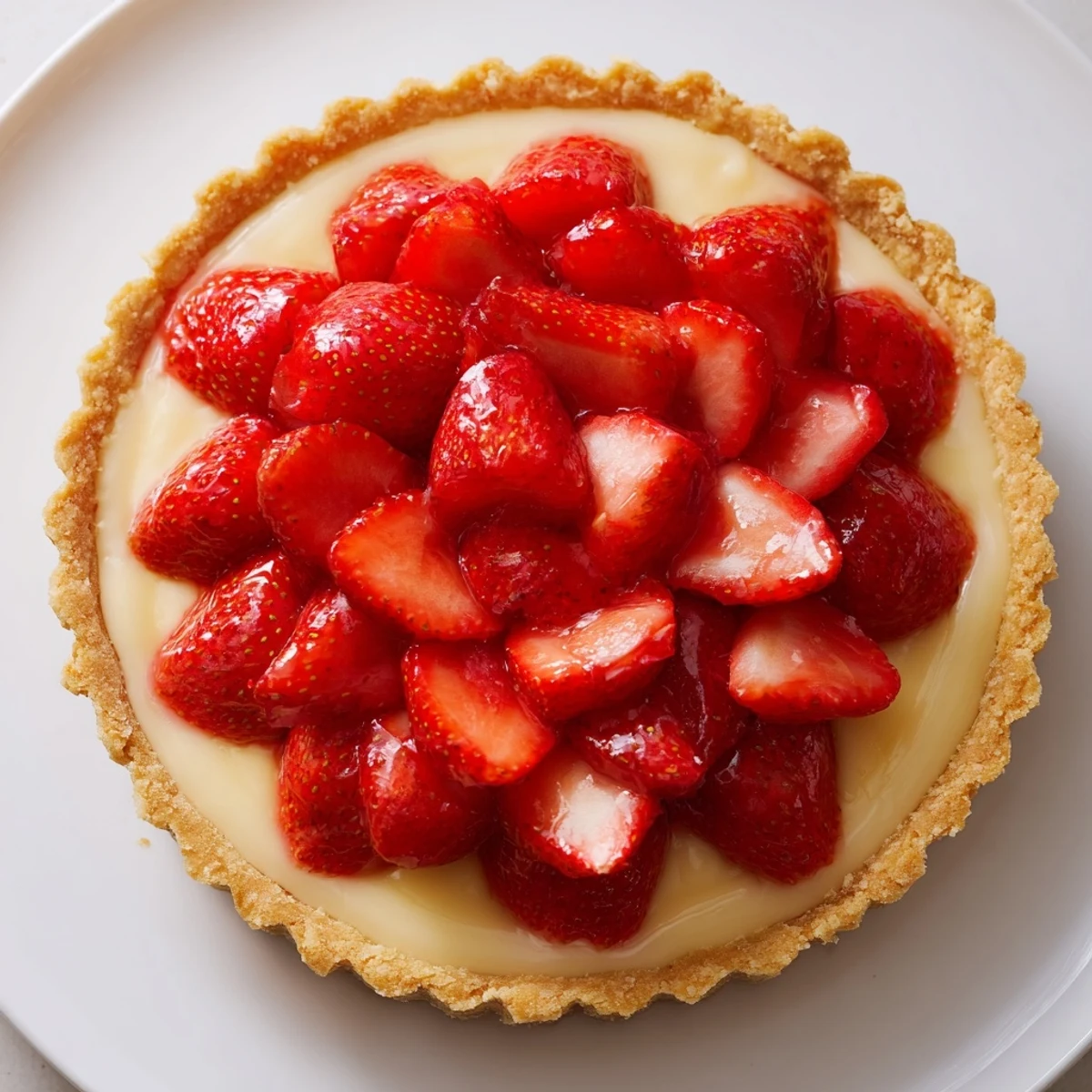 Tarte aux Fraises with glossy glazed strawberries atop creamy pastry cream, spring dessert