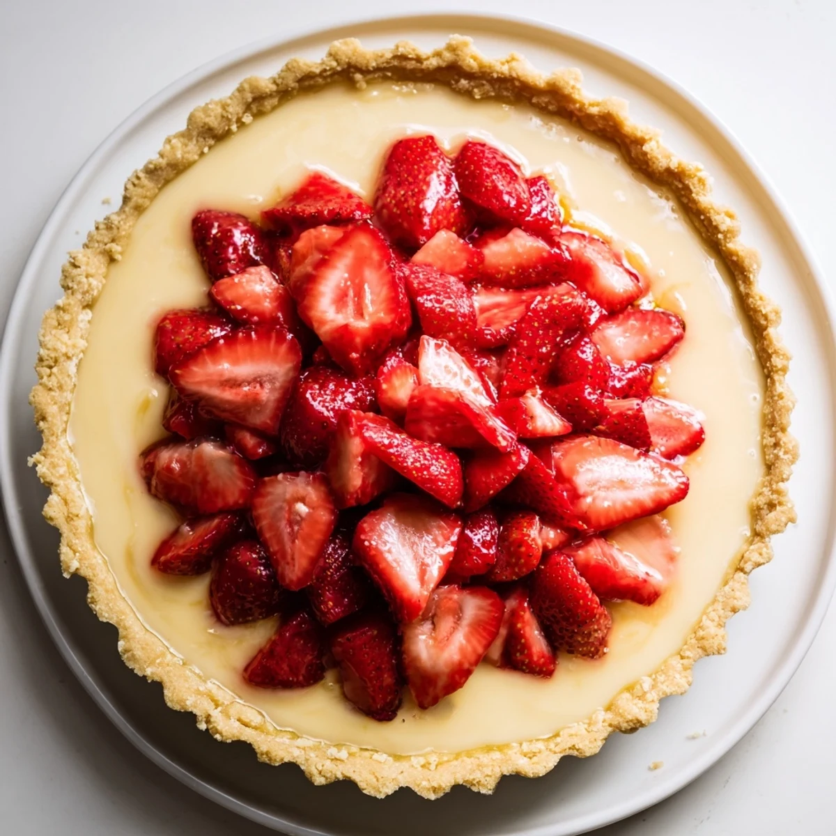 Slice of Tarte aux Fraises plated with powdered sugar and apricot glaze