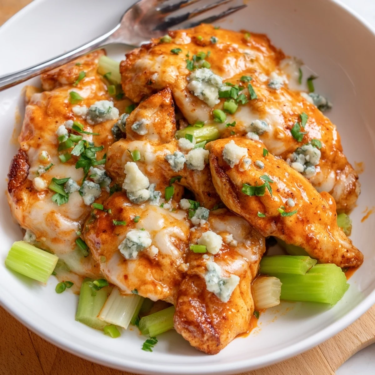 Keto Buffalo Chicken Skillet sizzling, creamy sauce coating tender, spicy chicken bites