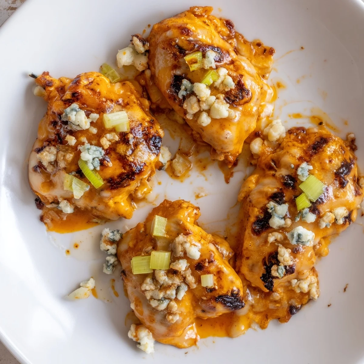 Keto Buffalo Chicken Skillet topped with melted mozzarella, blue cheese crumbles