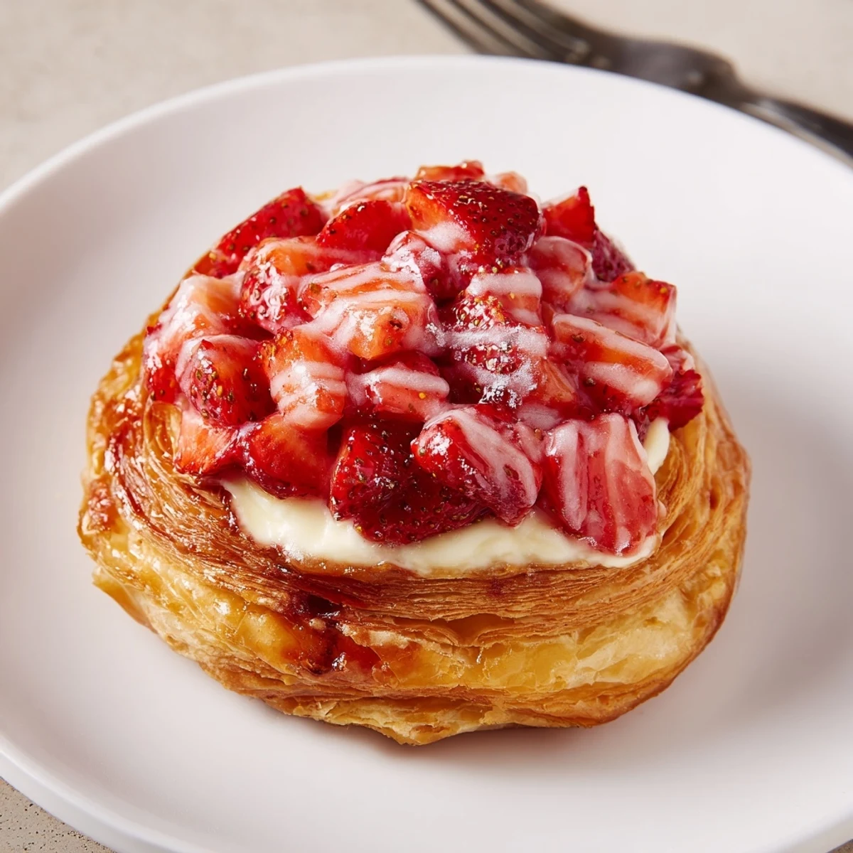 Strawberry Danish Recipe: flaky golden pastry with creamy cheese and glossy strawberries