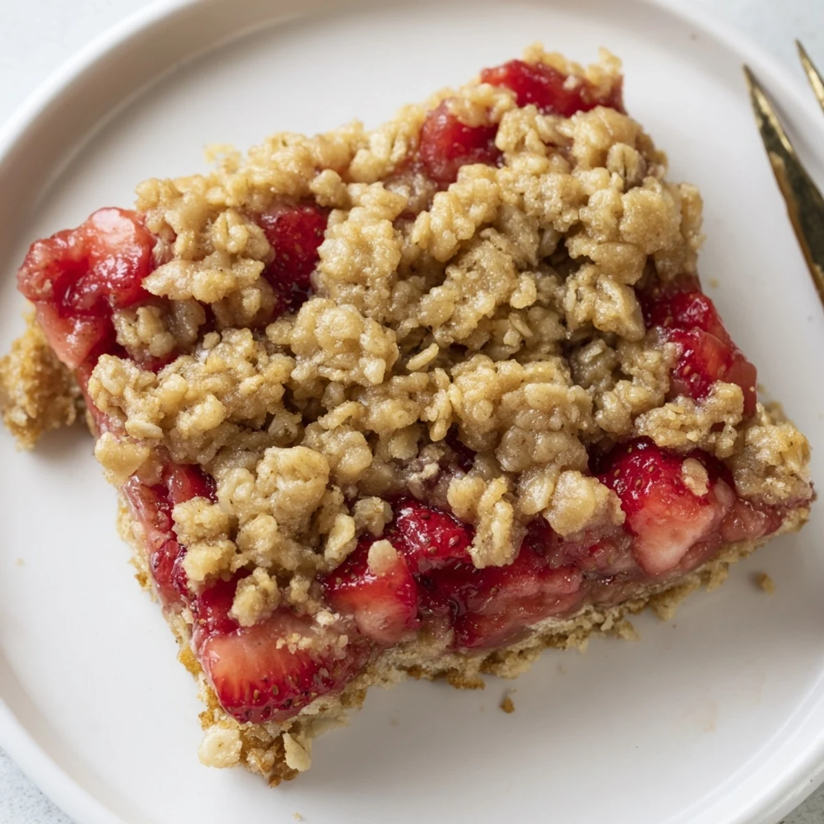 Strawberry Oatmeal Crumble Bars warm from oven, golden crumble and bubbling filling