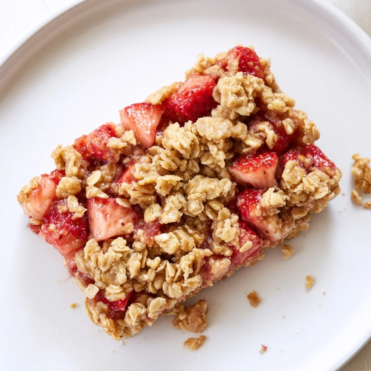 Sliced Strawberry Oatmeal Crumble Bars on parchment, juicy berry layer visible