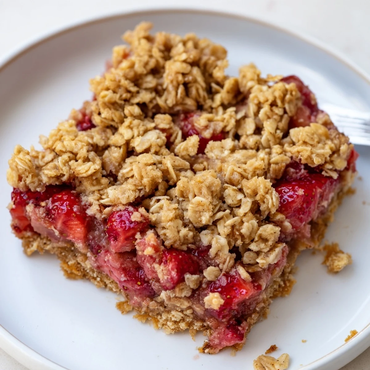 Homestyle Strawberry Oatmeal Crumble Bars served with melting vanilla ice cream