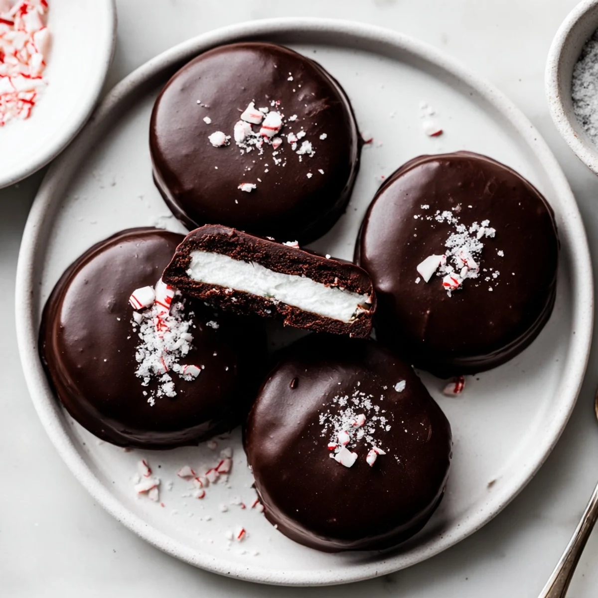 Peppermint Patties glossy dark chocolate coating, cool mint center on parchment