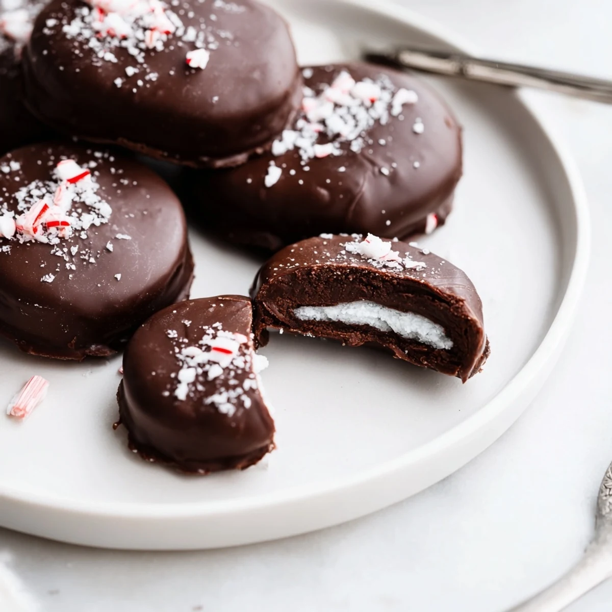 Tray of Peppermint Patties sprinkled with crushed candy, rich chocolate aroma