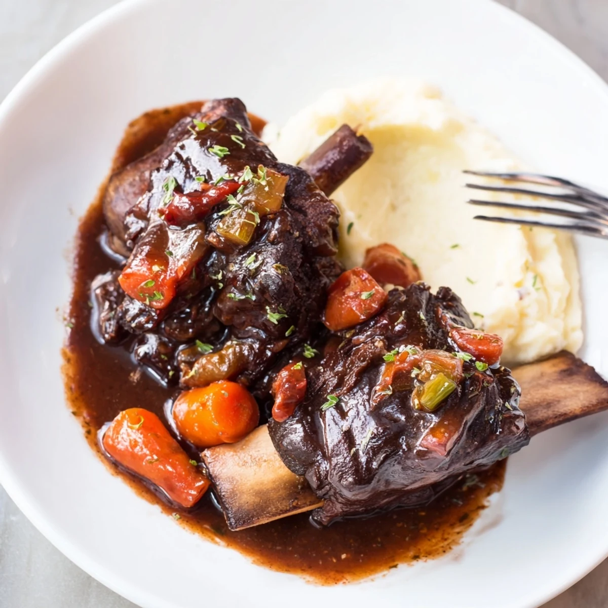 Glistening in rich gravy, Slow Cooker Beef Short Ribs atop creamy polenta