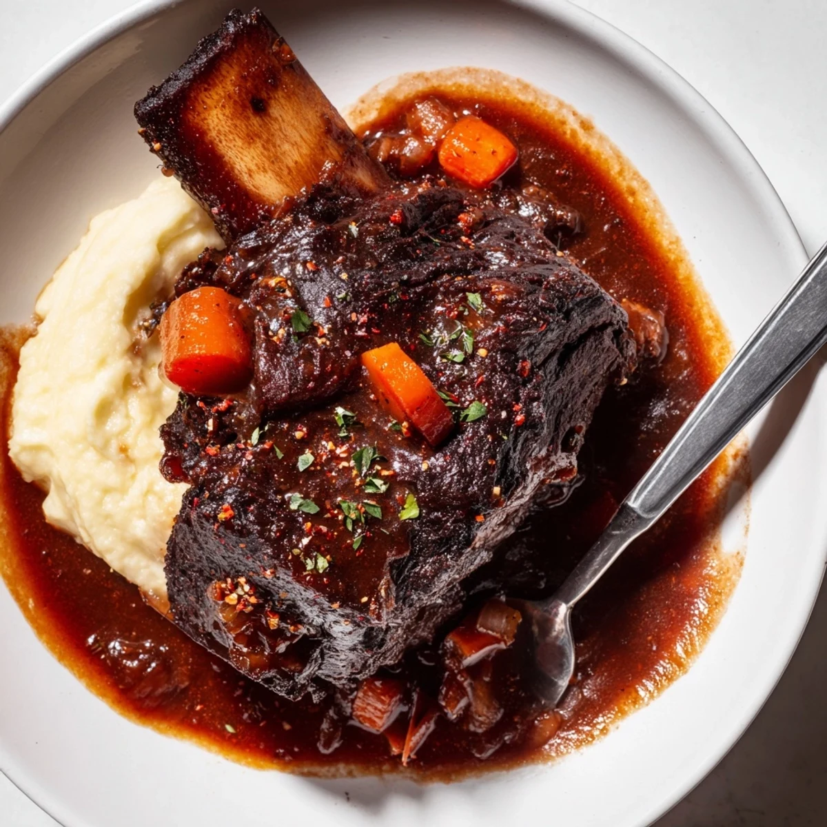 Tender Slow Cooker Beef Short Ribs falling off bone with aromatic vegetables