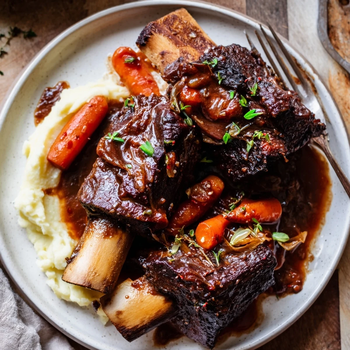 Slow Cooker Beef Short Ribs braised in red wine sauce, served with crusty bread