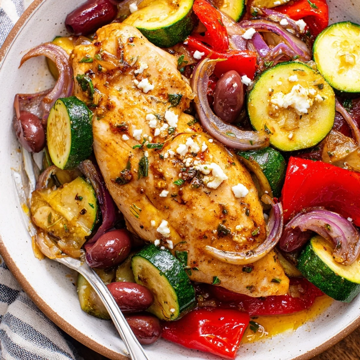 Oven-finished Sheet Pan Mediterranean Chicken Zucchini resting on parchment, juicy vegetables.